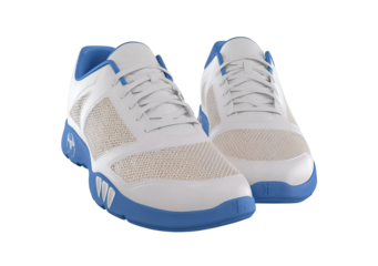  blue and white athletic shoes with low tops, high-resolution design, created for the sport of badminton. the shoes feature sole cushioning to protect against hard floors during play. they have an ope