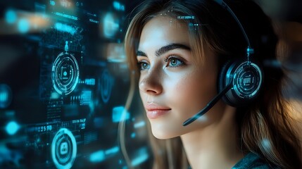 Young female customer service representative with headset against futuristic digital interface background showing virtual data analytics and technology elements.