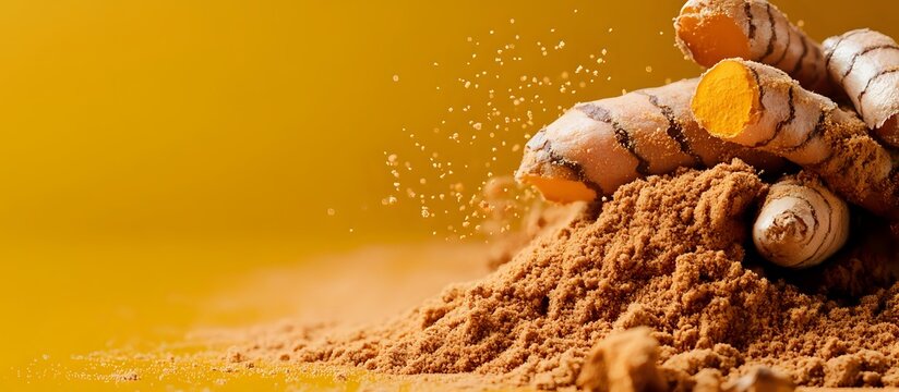Fresh turmeric root and powder scattered on yellow background with aromatic spice dust particles floating in warm golden light, macro food photography.