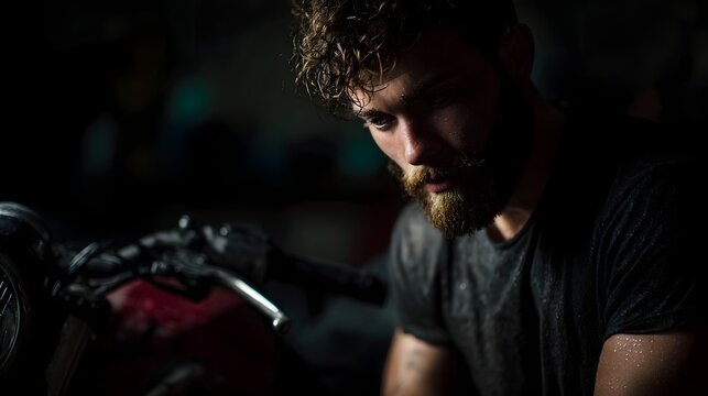 A bearded man sweats as he intensely focuses on repairing a motorcycle in a dimly lit atmospheric garage