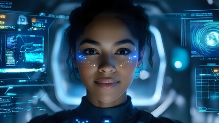 Young African American woman with glowing digital interface elements and holographic displays in futuristic cockpit environment, illuminated by blue technology screens.