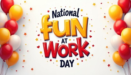 Festive illustration celebrates National Fun at Work Day. Balloons in red, yellow, white add joyful mood. Stars hearts confetti decorate event poster. Fun playful typography in colourful style