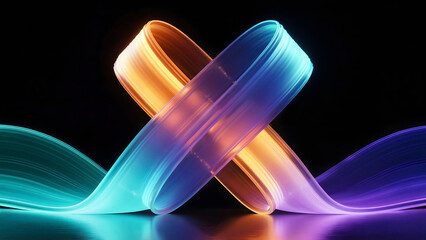Dynamic ribbon waves of vibrant orange and blue tones intertwine elegantly on a glossy black surface