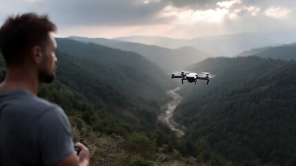 Fototapeta premium Man controls drone flying over a vast verdant mountain valley at sunrise