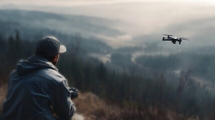 A person wearing a cap and jacket observes a drone flying remotely over a misty mountainous landscape