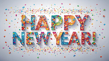 Fototapeta premium Happy New Year Text with Colorful Confetti and Glitter on a White Background greeting