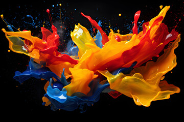 Colorful splashes of paint create dynamic abstract art on a black background