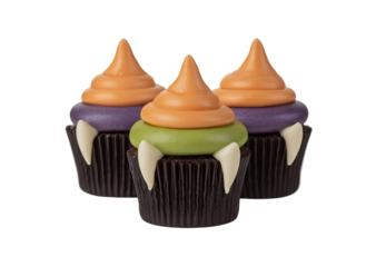 three cupcakes with orange, green, and purple frosting on top of chocolate cupcake liners, decorated to look like witch hats, isolated on a white background