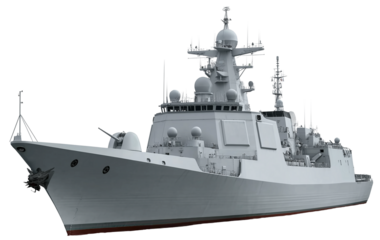 a 052d chinese frigate, photographed against a white background. the image shows a front view and a full side profile of the vessel, captured in white and gray tones using a telephoto lens.