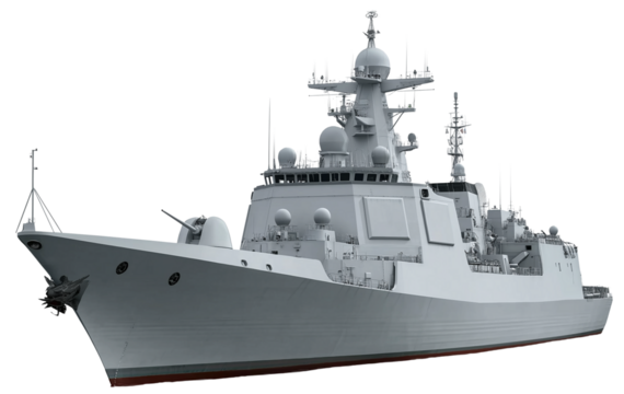a 052d chinese frigate, photographed against a white background. the image shows a front view and a full side profile of the vessel, captured in white and gray tones using a telephoto lens.