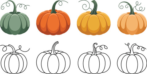 Collection of colorful pumpkins and outline drawings for autumn and halloween