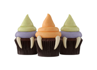  three cupcakes with orange, green, and purple frosting on top of chocolate cupcake liners, decorated to look like witch hats, isolated on a white background. 