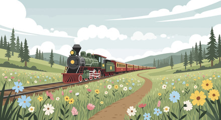 Vintage train journey through vibrant meadows, nostalgic adventure scene