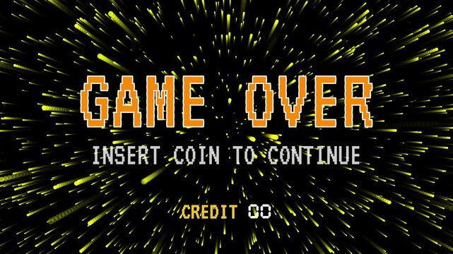 Game over insert coin to continue. Retro arcade game over screen animation with glowing particles on black background, 4K video animation - Powered by Adobe