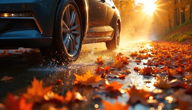 Car drives through wet road covered with fallen autumn leaves. Sun shines brightly creating a vibrant, colourful seasonal scene. Water splashes from the moving wheels, showing motion and transit.