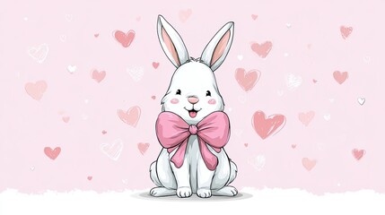 Cute white bunny with pink bow sitting on pastel pink background decorated with romantic hearts for Valentine