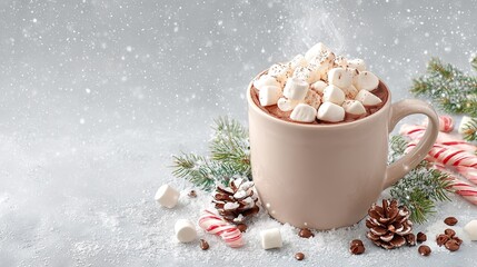 Beige mug of hot chocolate with marshmallows surrounded by candy canes pine cones and snowy Christmas decor