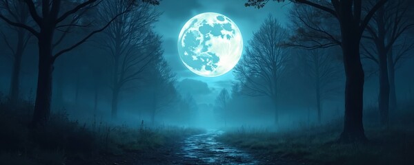 Mystical forest path at night under big full moon. Foggy landscape with moonlight illuminates dark wood road. Magical scene with bare trees creates mysterious mood. Enchanting backdrop for fantasy,