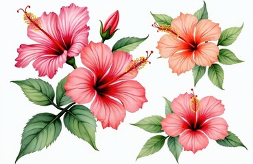 Obraz premium Vibrant watercolor hibiscus flowers with green leaves, single bud. Large pink, red, orange blooms hand drawn on white background. Tropical blossoms, floral elements, botanical art for summer design.