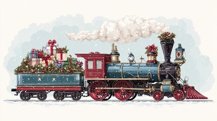 Vintage Christmas train with steam engine and wagon filled with colorful gift boxes and festive decorations