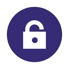 White open padlock icon on a dark blue circle background