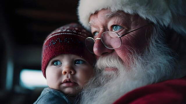 Close-up of a baby wearing a red knit hat cuddling with Santa Claus, their blue eyes meeting in a warm holiday moment. Concept Baby, Red knit hat, Santa Claus, Blue eyes, Holiday moment