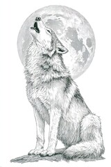 Engraving sketch of wolf howling at full moon with detailed fur texture symbol of wilderness freedom