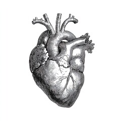 Vintage engraving sketch of human heart anatomical drawing with detailed vessels for biology and medical study