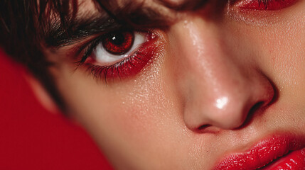 Intense close up of captivating red eye makeup and glossy red lips creates a sensual beauty statement