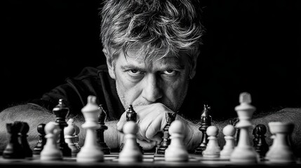 Black and white portrait of thoughtful man focused on chess board game representing strategy and intelligence