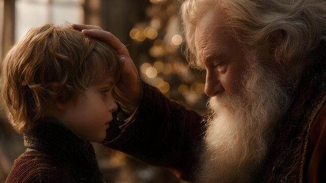 An elderly man with a long white beard gently places his hand on a young boy's head in a tender moment. Concept Generational Bond, Tender Moment, Grandfather and Grandson, Warm Family Portrait
