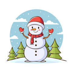 doodle icon vector Happy snowman in a scarf and red Santa hat standing and waving against a winter Christmas landscape.