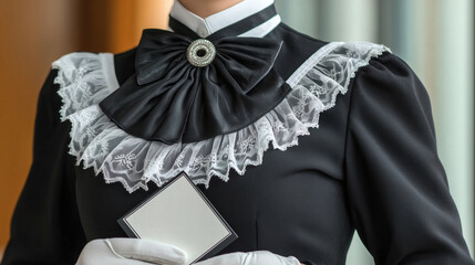 Elegant butler presenting a blank invitation in a formal black suit with lace and a bow tie for luxury service