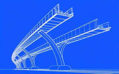 Fototapeta premium Architectural blueprint of a modern bridge technical drawing with white lines on blue background for engineering and construction projects