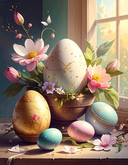 Easter still life, floral arrangement with decorated eggs, near a window