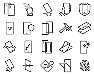 Simple Smartphone Protection Set Related Vector Line Icons. Contains icons such as Screen Protector, Delicate Touch, Tempered Glass and more.	