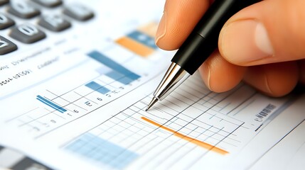 Close up of hand with pen analyzing financial charts and graphs on business report with calculator, showing market research and statistics.