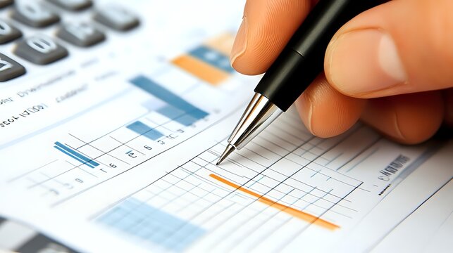 Close up of hand with pen analyzing financial charts and graphs on business report with calculator, showing market research and statistics.
