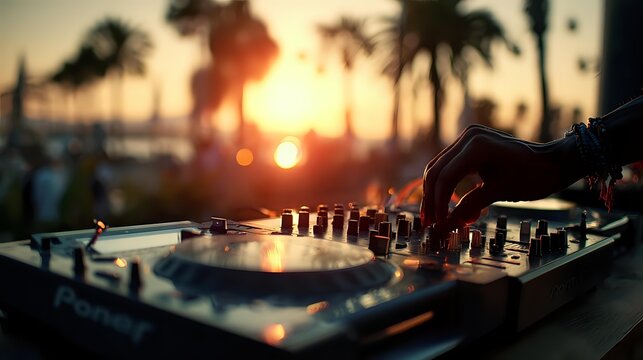 DJ mixing on professional equipment at tropical sunset beach party with palm trees silhouettes and golden hour atmosphere creating summer vibes.