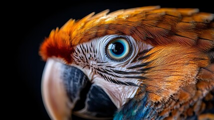 Extreme close-up macro shot of orange and blue macaw parrot head showing detailed feathers, beak, and striking bright blue eye against dark background.