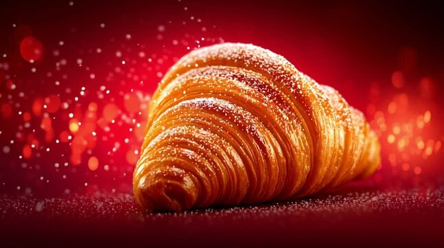 Croissant on a red background. Christmas advertising concept for a pastry shop, bakery.