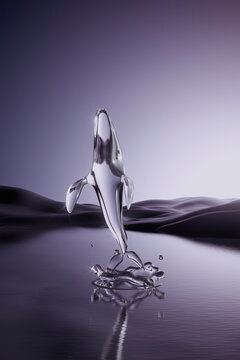 Glass whale leaps over water. 3D surreal splash motion.