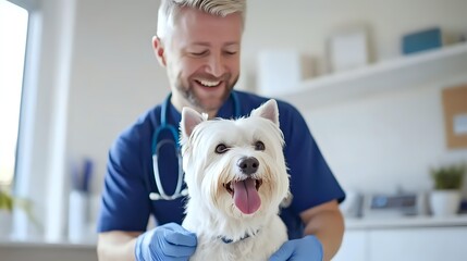 Caucasian male veterinarian in blue scrubs examining happy West Highland White Terrier dog during routine checkup at modern veterinary clinic. Professional pet care.