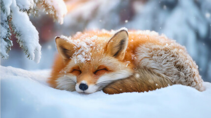 Obraz premium A close-up portrait of a beautiful red fox sleeping in the snow, a peaceful and serene winter scene with a cute wild animal, a concept of wildlife, nature's beauty and tranquility.