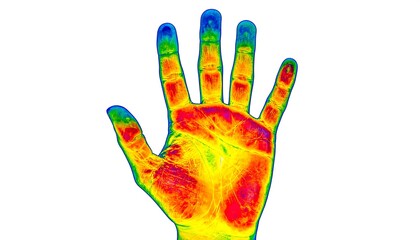 A thermal imaging scan of an open human hand against a bright white backdrop, revealing varying heat signatures in colorful gradients