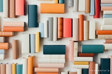 Colorful hardcover books arranged in geometric pattern on white background, creating modern minimalist composition with coral, teal and orange spines.