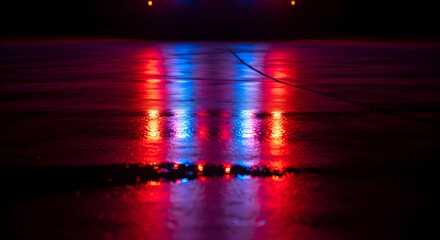 Reflections of Red and Blue Lights on a Wet Surface, Creating a Vibrant, Abstract Visual Experience