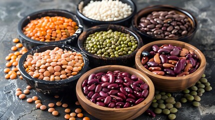 Variety of raw legumes and beans in wooden and ceramic bowls on dark concrete background. Healthy vegan protein source for cooking and nutrition.