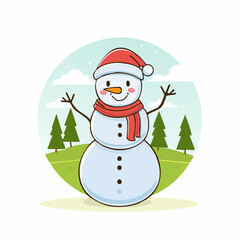 doodle icon vector Happy snowman in a scarf and red Santa hat standing and waving against a winter Christmas landscape.
