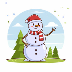 doodle icon vector Happy snowman in a scarf and red Santa hat standing and waving against a winter Christmas landscape.